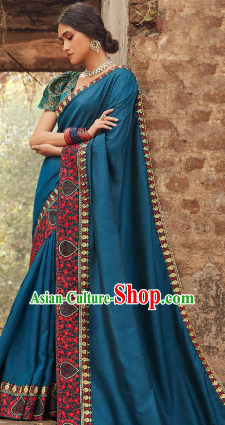 Asian India National Saree Costumes Asia Indian Bride Traditional Blouse and Embroidered Navy Blue Silk Sari Dress for Women