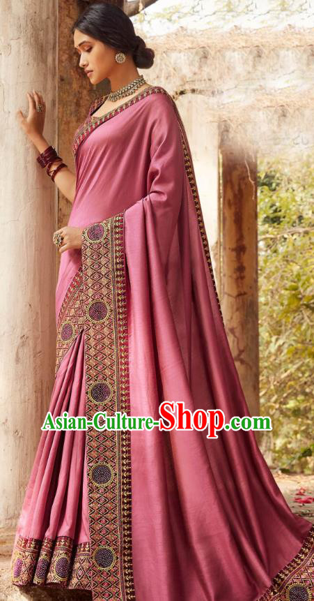 Asian India National Saree Costumes Asia Indian Bride Traditional Blouse and Embroidered Pink Silk Sari Dress for Women