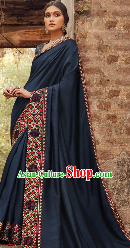 Asian India National Saree Costumes Asia Indian Bride Traditional Blouse and Embroidered Navy Silk Sari Dress for Women