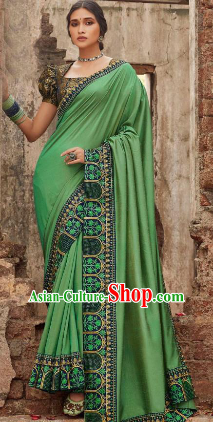 Asian India National Saree Costumes Asia Indian Bride Traditional Blouse and Embroidered Green Silk Sari Dress for Women