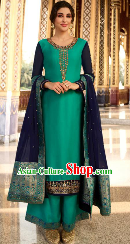 Asian India National Court Punjab Costumes Asia Indian Traditional Embroidered Turquoise Satin Blouse Sari and Loose Pants for Women