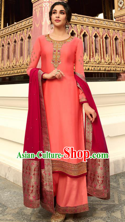 Asian India National Court Punjab Costumes Asia Indian Traditional Embroidered Peach Pink Satin Blouse Sari and Loose Pants for Women