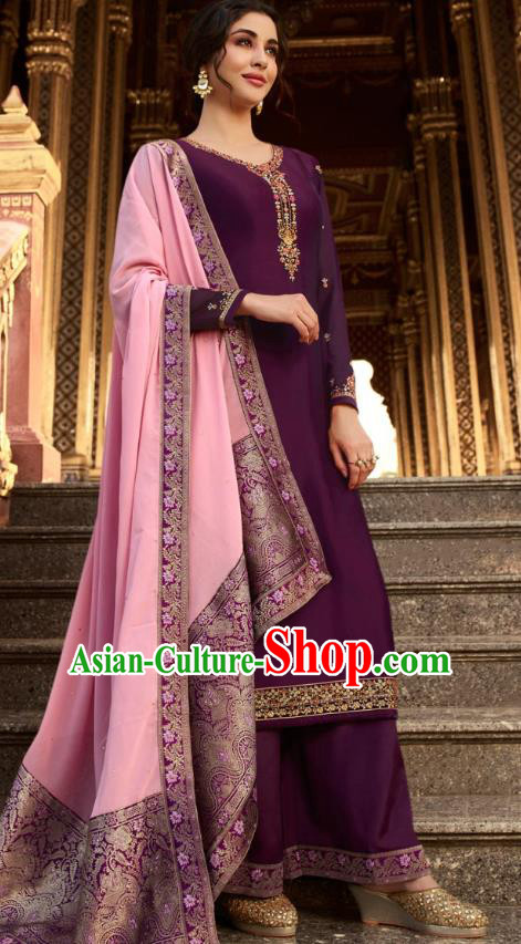 Asian India National Court Punjab Costumes Asia Indian Traditional Embroidered Deep Purple Satin Blouse Sari and Loose Pants for Women