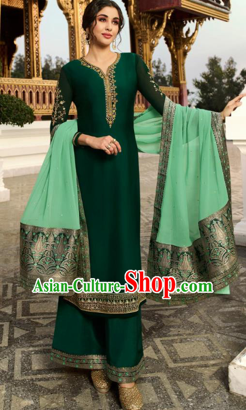 Asian India National Court Punjab Costumes Asia Indian Traditional Embroidered Deep Green Satin Blouse Sari and Loose Pants for Women