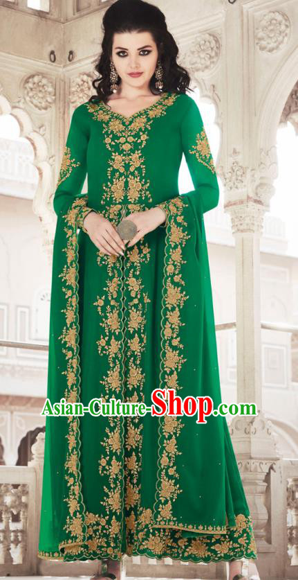 Asian India National Dance Punjab Costumes Asia Indian Traditional Embroidered Green Faux Georgette Dress and Loose Pants Sari for Women