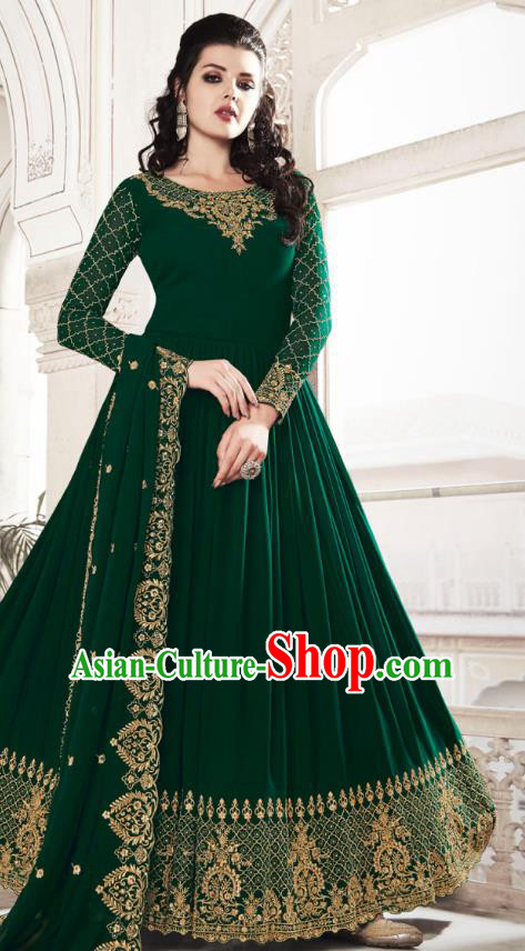 Asian India National Dance Punjab Costumes Asia Indian Traditional Embroidered Deep Green Faux Georgette Dress and Loose Pants Sari for Women