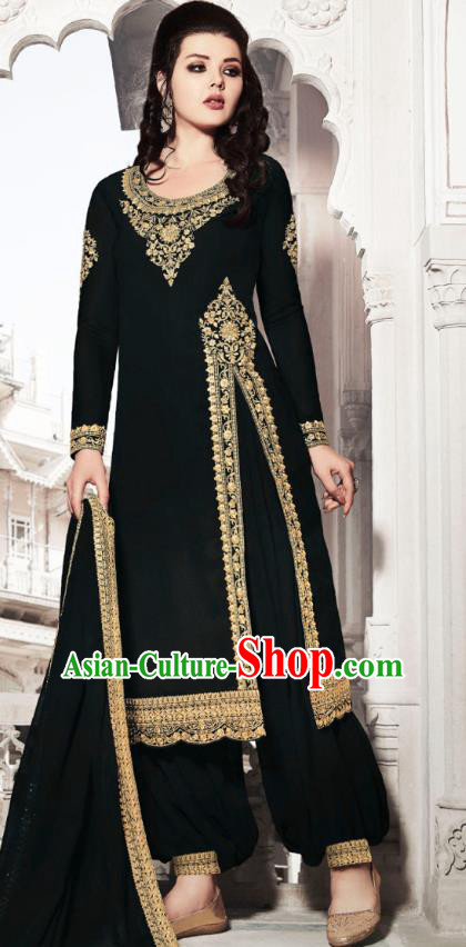 Asian India National Dance Punjab Costumes Asia Indian Traditional Embroidered Black Faux Georgette Dress and Loose Pants Sari for Women