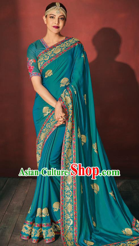 Asian India National Dance Lake Blue Silk Saree Asia Indian Traditional Costumes Court Princess Bollywood Blouse and Sari Dress for Women