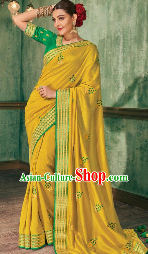 Asian India National Dance Yellow Silk Saree Asia Indian Traditional Costumes Court Princess Bollywood Blouse and Sari Dress for Women