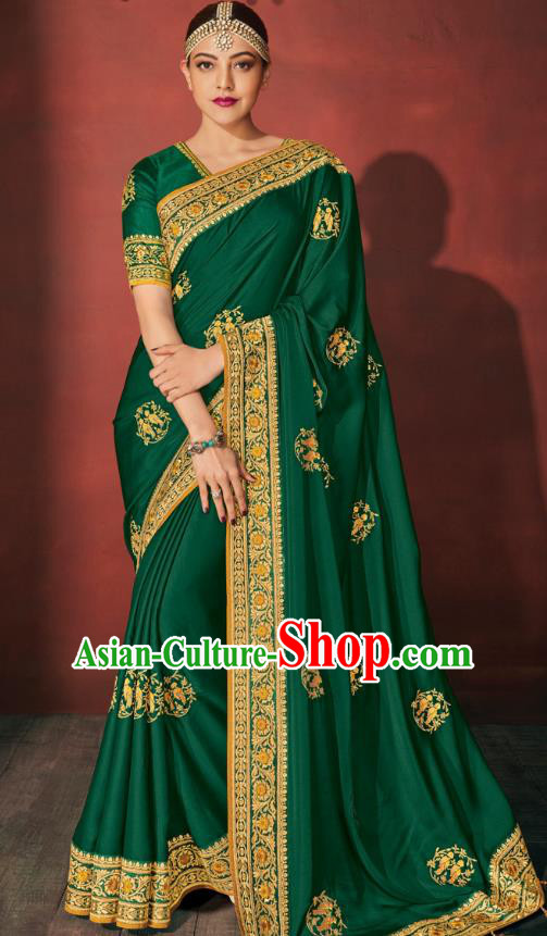 Asian India National Dance Green Silk Saree Asia Indian Traditional Costumes Court Princess Bollywood Blouse and Sari Dress for Women