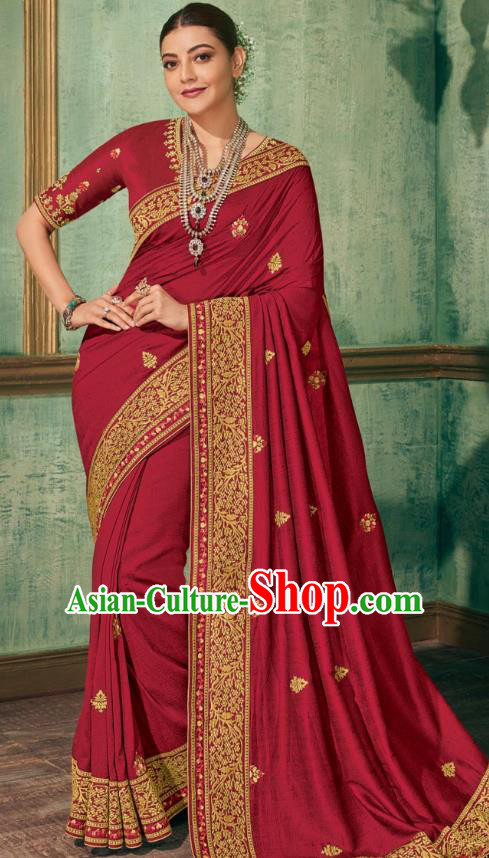 Asian India Bollywood National Dance Maroon Silk Saree Asia Indian Traditional Court Princess Blouse and Sari Dress Costumes for Women