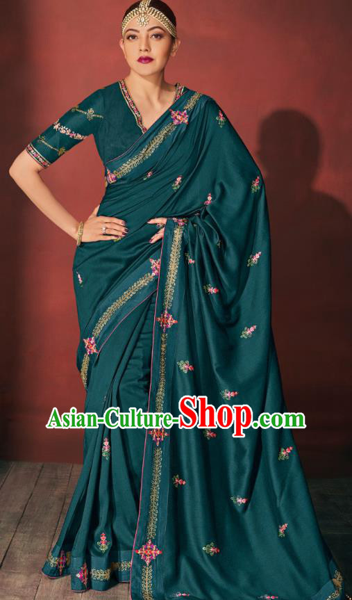 Asian India Bollywood National Dance Teal Silk Saree Asia Indian Traditional Court Princess Blouse and Sari Dress Costumes for Women