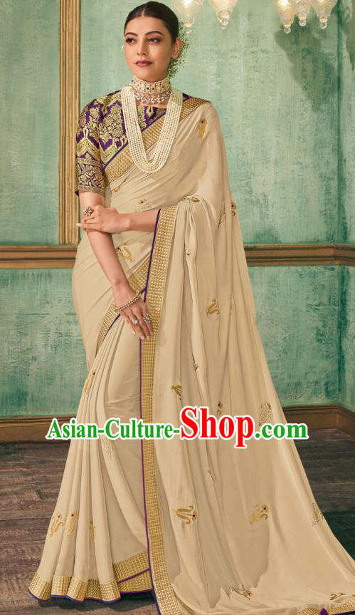 Asian India Bollywood National Dance Beige Silk Saree Asia Indian Traditional Court Princess Blouse and Sari Dress Costumes for Women