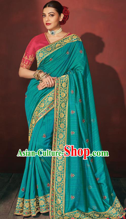 Asian India Bollywood National Dance Aqua Blue Silk Saree Asia Indian Traditional Court Princess Blouse and Sari Dress Costumes for Women