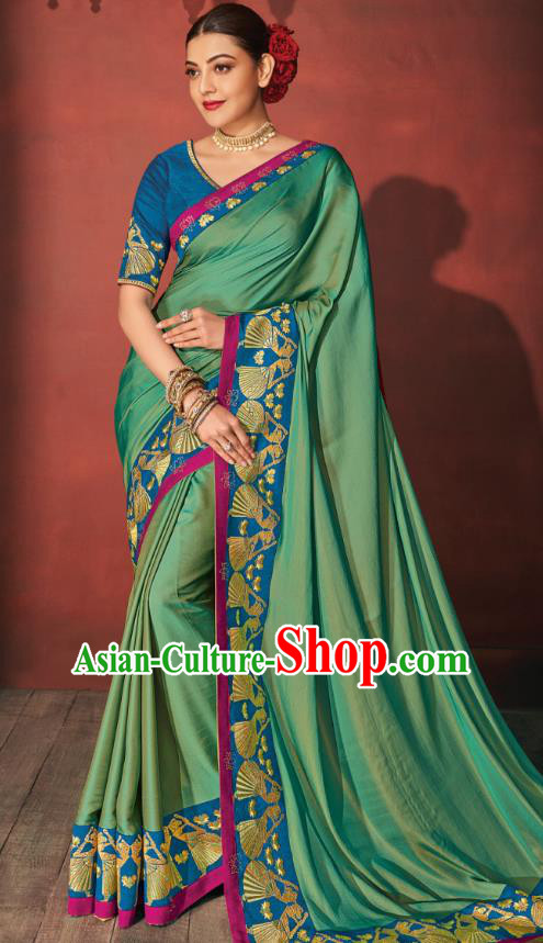 Asian India Bollywood National Dance Green Silk Saree Asia Indian Traditional Court Princess Blouse and Sari Dress Costumes for Women