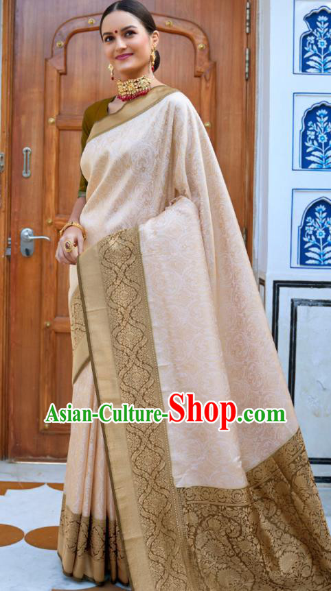 Asian India Bollywood Beige Silk Saree Asia Indian Traditional Court Princess Blouse and Sari Dress National Dance Costumes for Women