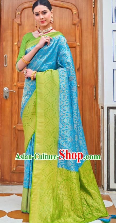 Asian India Bollywood Blue Silk Saree Asia Indian Traditional Court Princess Blouse and Sari Dress National Dance Costumes for Women