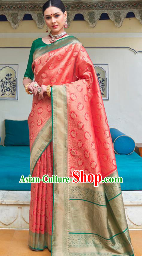 Asian India Bollywood Peach Pink Silk Saree Asia Indian Traditional Court Princess Blouse and Sari Dress National Dance Costumes for Women