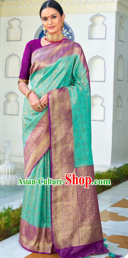 Asian India Bollywood Sea Green Silk Saree Asia Indian Traditional Court Princess Blouse and Sari Dress National Dance Costumes for Women