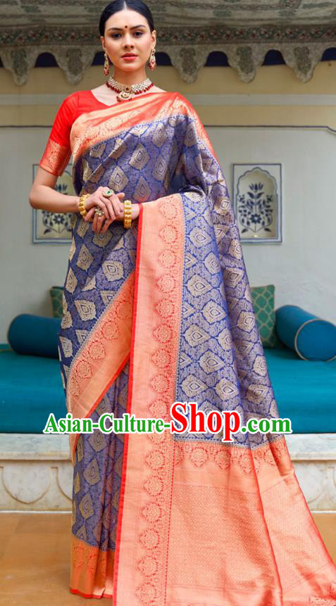 Asian India Bollywood Royalblue Silk Saree Asia Indian Traditional Court Princess Blouse and Sari Dress National Dance Costumes for Women