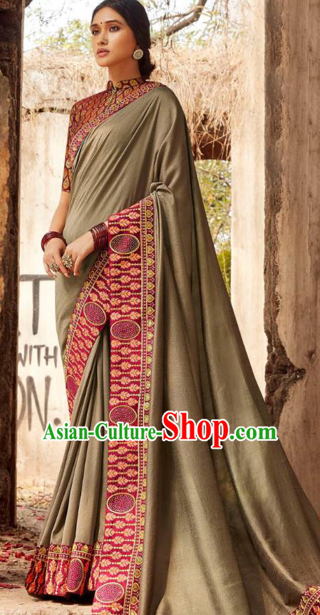 Asian India National Saree Costumes Asia Indian Bride Traditional Blouse and Embroidered Khaki Silk Sari Dress for Women