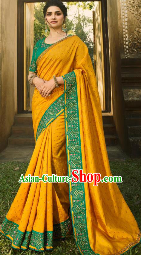 Asian India National Wedding Yellow Silk Saree Costumes Asia Indian Bride Traditional Blouse and Embroidered Sari Dress for Women