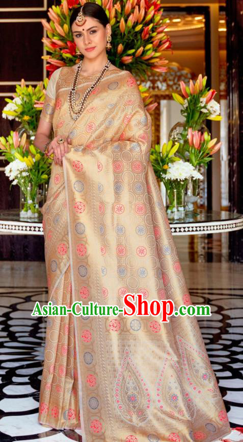 Asian India Festival Bollywood Beige Silk Saree Asia Indian National Dance Costumes Traditional Court Princess Blouse and Sari Dress for Women