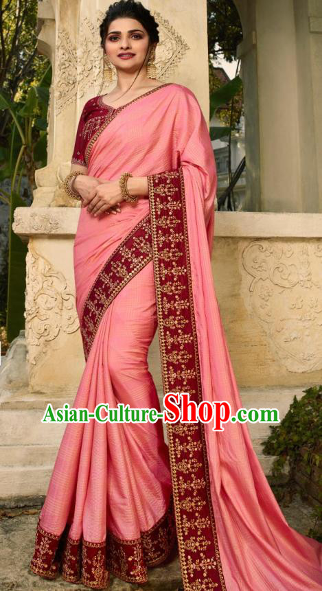Asian India National Wedding Pink Silk Saree Costumes Asia Indian Bride Traditional Blouse and Embroidered Sari Dress for Women