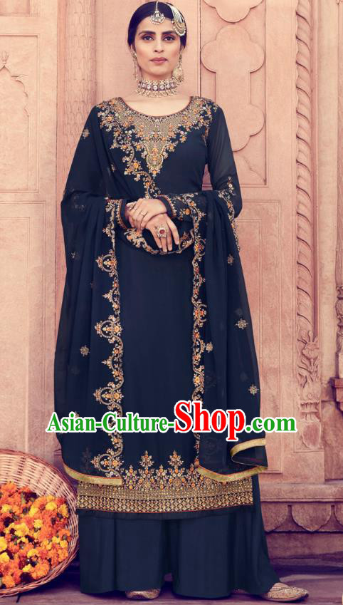 Asian India Traditional Punjab Suits Costumes Asia Indian National Embroidered Navy Georgette Long Blouse and Loose Pants Shawl Complete Set