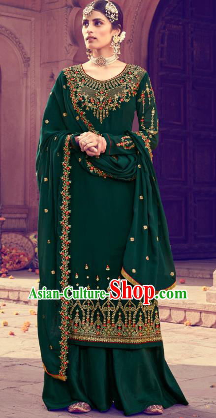 Asian India Traditional Punjab Suits Costumes Asia Indian National Embroidered Deep Green Georgette Long Blouse and Loose Pants Shawl Complete Set