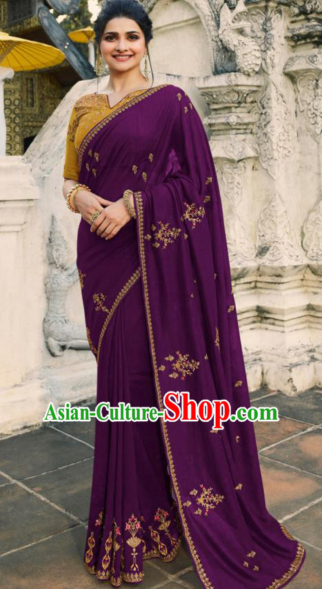 Asian India National Wedding Purple Silk Saree Costumes Asia Indian Bride Traditional Blouse and Embroidered Sari Dress for Women