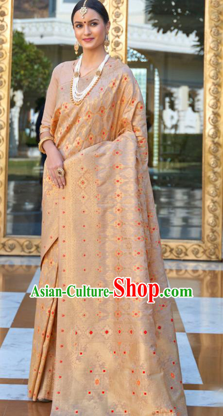 Asian India Festival Bollywood Beige Silk Saree Asia Indian National Dance Costumes Traditional Court Princess Blouse and Sari Dress for Women