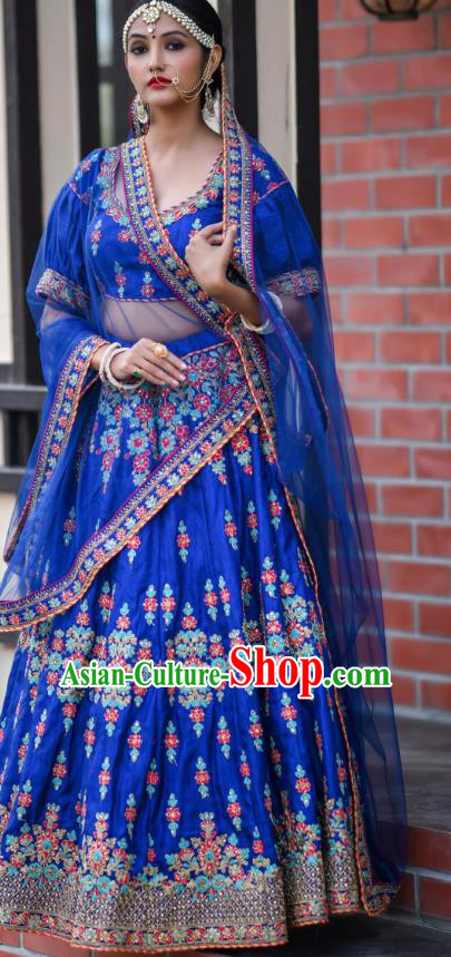 Asian India Wedding Lehenga Costumes Asia Indian Traditional Festival Bride Embroidered Royalblue Silk Blouse and Skirt and Sari Complete Set