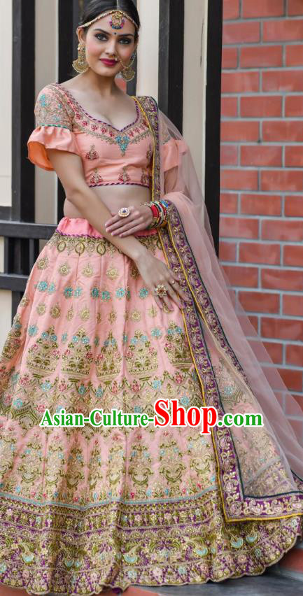 Asian India Wedding Lehenga Costumes Asia Indian Traditional Festival Bride Embroidered Pink Silk Blouse and Skirt and Sari Complete Set