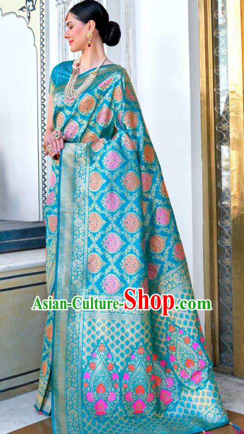 Asian India Festival Bollywood Aqua Blue Silk Saree Asia Indian National Dance Costumes Traditional Court Princess Blouse and Sari Dress for Women