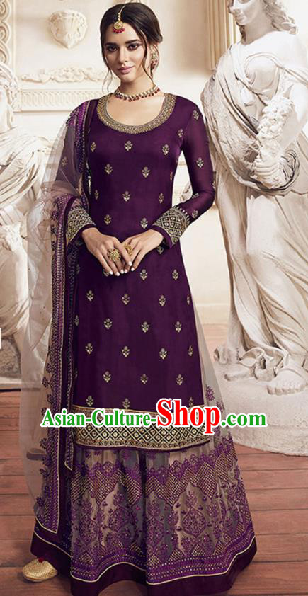 Asian India Traditional Festival Punjab Suits Costumes Asia Indian National Purple Crepe Long Blouse Shawl and Loose Pants Complete Set