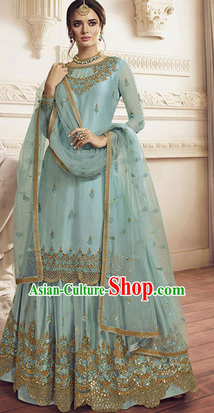 Asian India Traditional Festival Punjab Suits Costumes Asia Indian National Light Blue Crepe Long Blouse Shawl and Loose Pants Complete Set