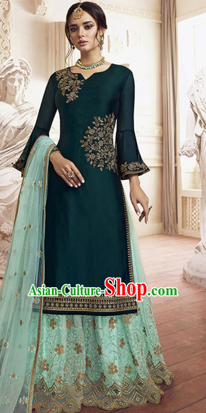 Asian India Traditional Festival Punjab Suits Costumes Asia Indian National Teal Crepe Long Blouse Shawl and Loose Pants Complete Set