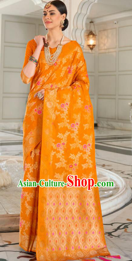 Asian India Festival Bollywood Yellow Silk Saree Asia Indian National Dance Costumes Traditional Court Princess Blouse and Sari Dress for Women