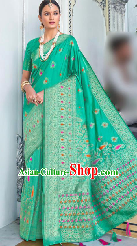 Asian India Festival Bollywood Green Silk Saree Asia Indian National Dance Costumes Traditional Court Princess Blouse and Sari Dress for Women