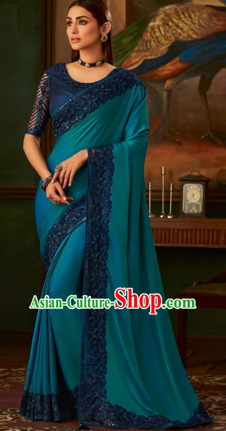 Asian India Bollywood Blue Silk Saree Dress Asia Indian National Festival Dance Costumes Traditional Court Female Blouse and Sari Full Set