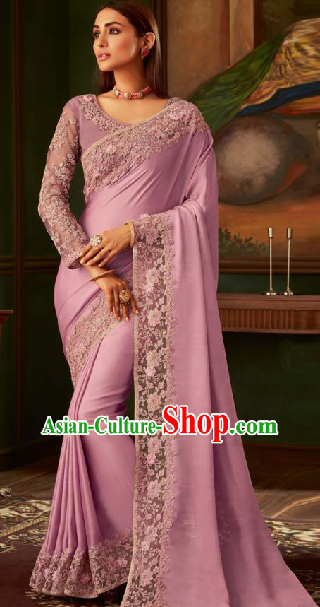 Asian India Bollywood Lilac Silk Saree Dress Asia Indian National Festival Dance Costumes Traditional Court Female Blouse and Sari Full Set