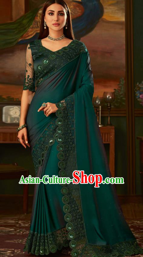 Asian India Bollywood Dark Green Silk Saree Dress Asia Indian National Festival Dance Costumes Traditional Court Female Blouse and Sari Full Set
