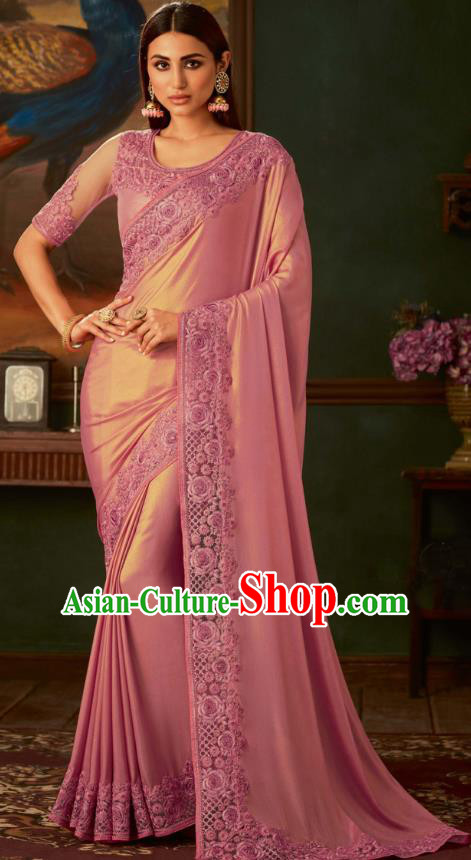 Asian India Bollywood Pink Silk Saree Dress Asia Indian National Festival Dance Costumes Traditional Court Female Blouse and Sari Full Set