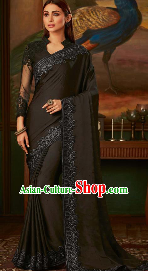 Asian India Bollywood Black Silk Saree Dress Asia Indian National Festival Dance Costumes Traditional Court Female Blouse and Sari Full Set