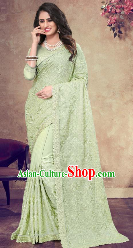 Asian India Festival Bollywood Light Green Georgette Saree Dress Asia Indian National Dance Costumes Traditional Court Princess Blouse and Sari Full Set