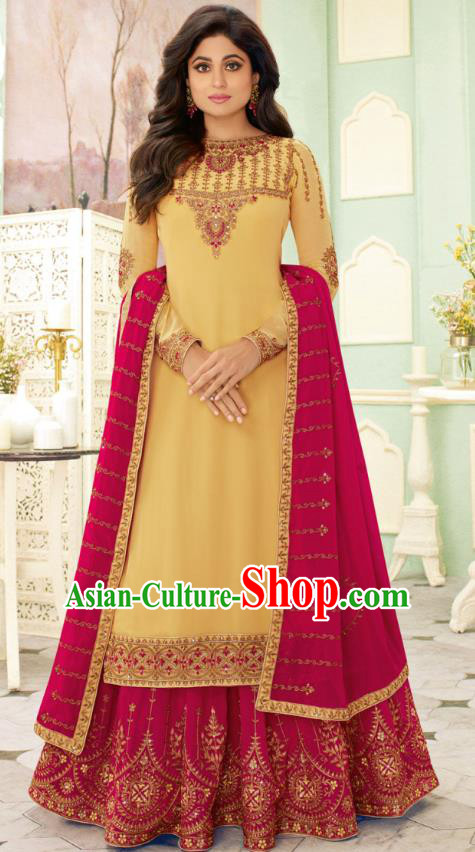 Asian India Traditional Lehenga Costumes Asia Indian National Folk Dance Yellow Georgette Sari Dress and Rosy Skirt Complete Set