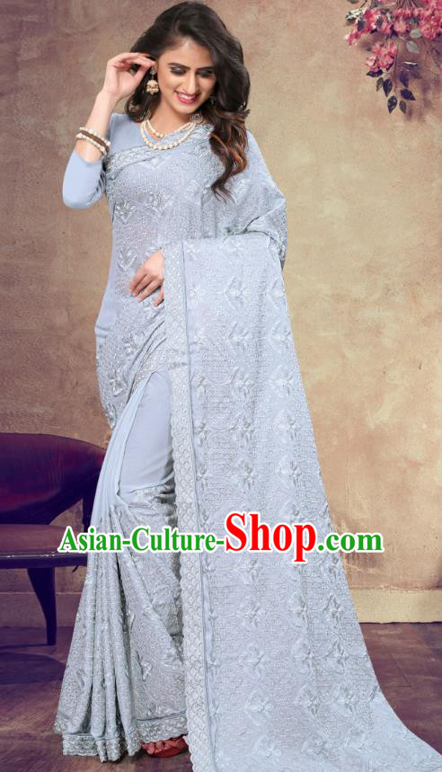 Asian India Festival Bollywood Light Blue Georgette Saree Dress Asia Indian National Dance Costumes Traditional Court Princess Blouse and Sari Full Set