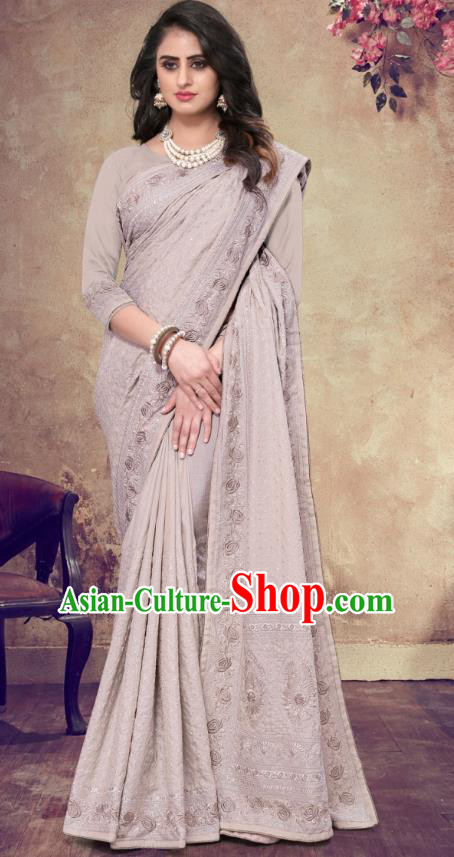 Asian India Festival Bollywood Grey Georgette Saree Dress Asia Indian National Dance Costumes Traditional Court Princess Blouse and Sari Full Set