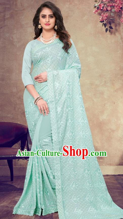 Asian India Festival Bollywood Lake Blue Georgette Saree Dress Asia Indian National Dance Costumes Traditional Court Princess Blouse and Sari Full Set